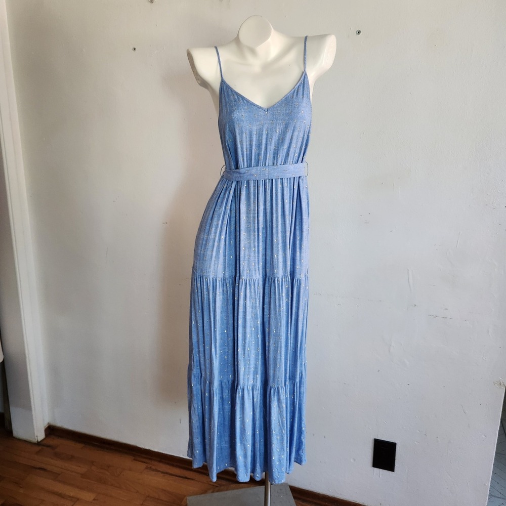 MSK Tiered Belted Maxi Dress Blue Large Petite Sleeveless Cottagecore Resortwear